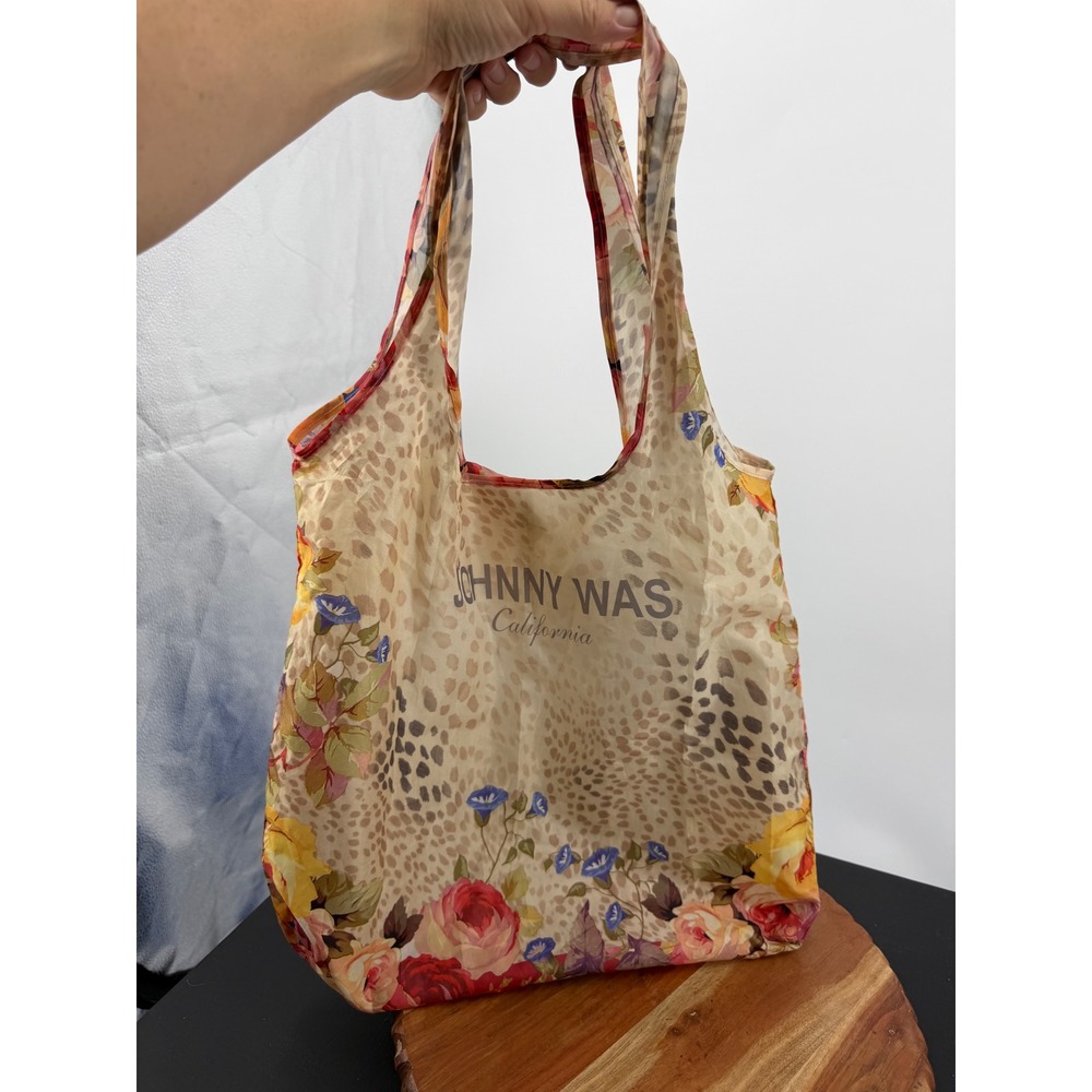 Johnny Was Floral Leopard Reusable Tote Bag Womens OS Tan Pink Foldable Shopper